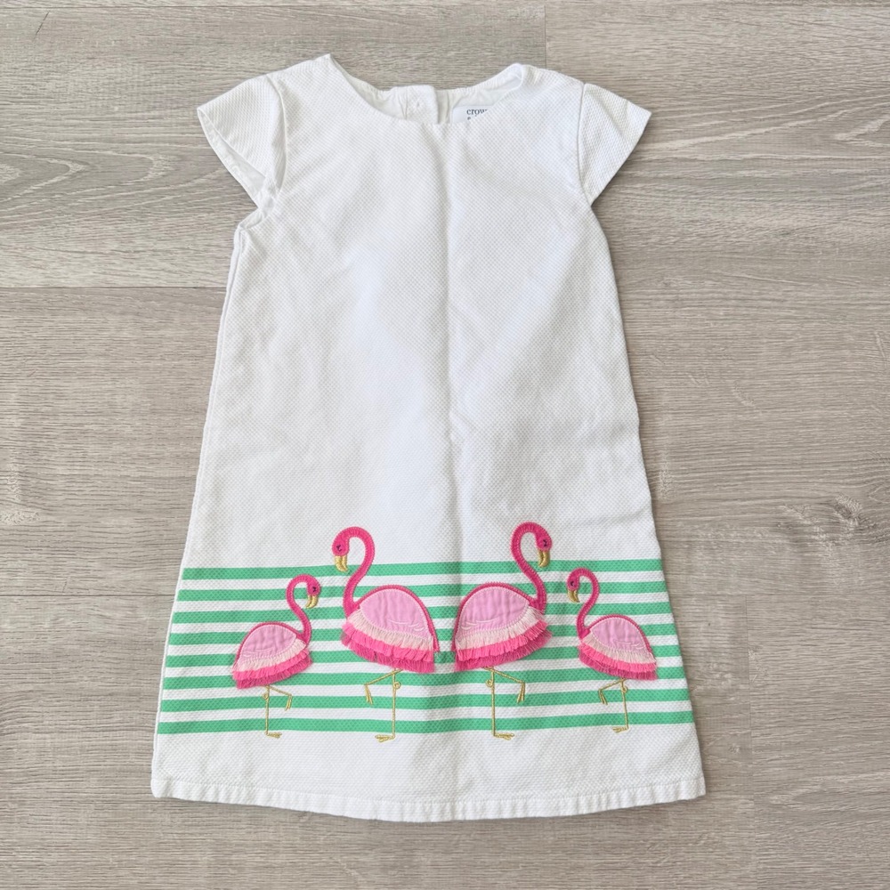 Crown & Ivy Kids Girls 4T White Seersucker Flamingo Fringe Dress Green Stripe
